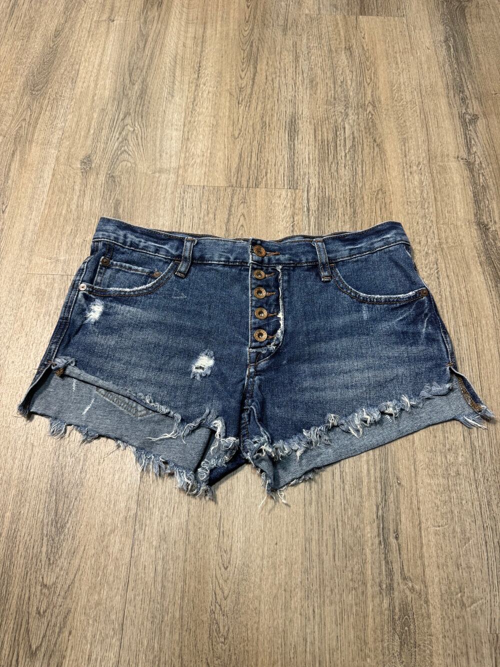 Free People Women's Dark Wash Distressed Button-Fly Denim Shorts
